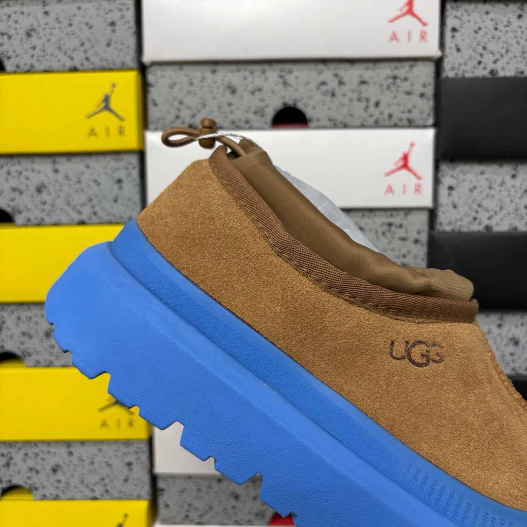 UGG Neumeel Deco Slip-On – Suede Moccasin Sneaker with Electric Blue Lug Sole & Drawstring Collar in Chestnut