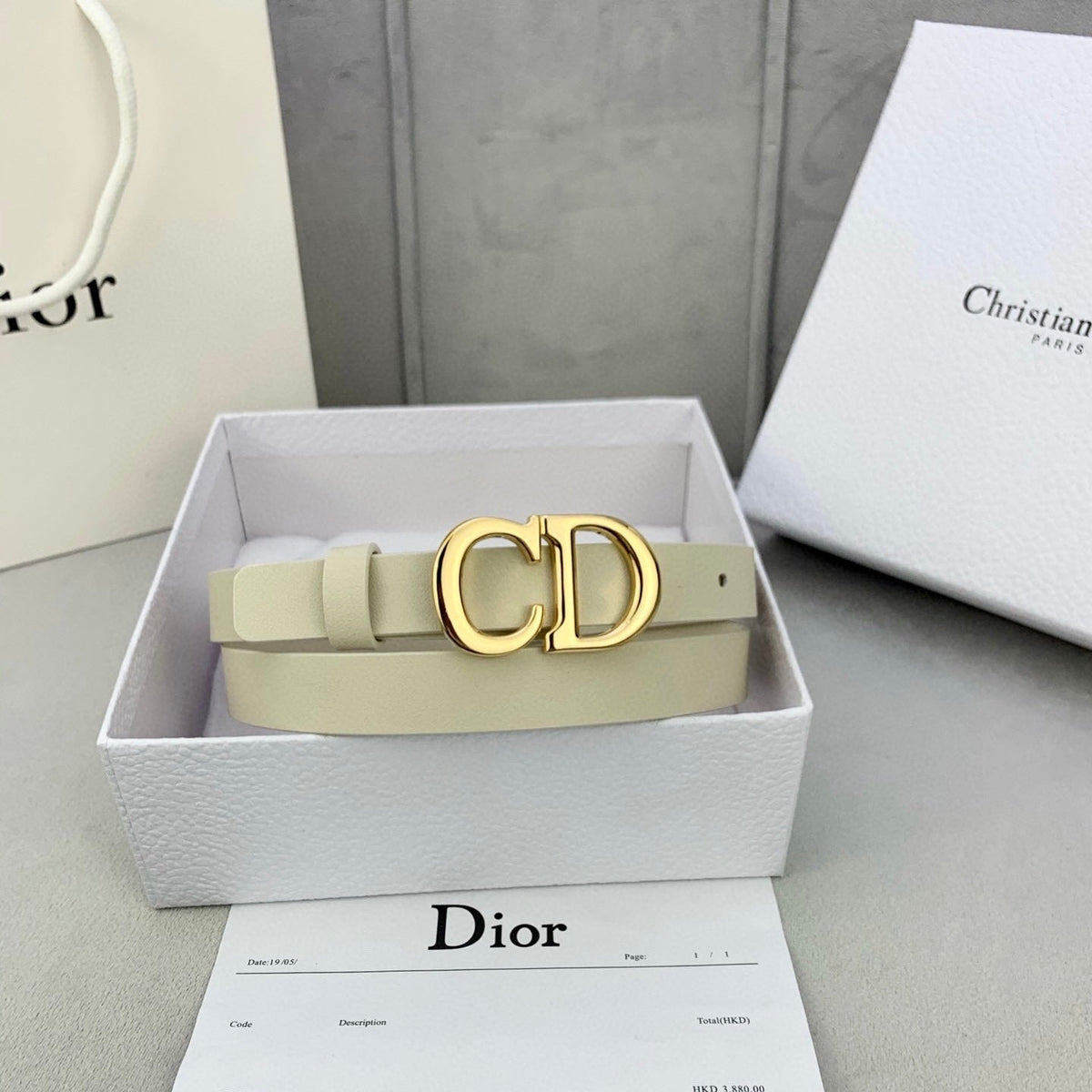 DIOR 25S BELT 20 MM IN BEIGE WHITE CALFSKIN WITH GOLD HARDWARE 590776