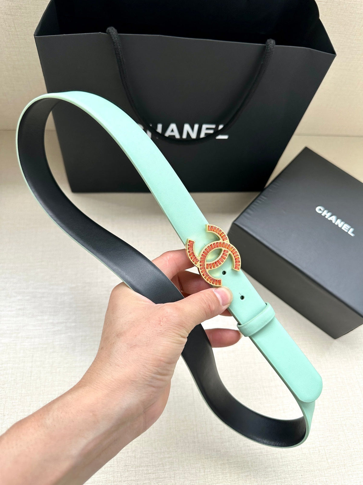 CHANEL 25S BELT 30 MM IN MINT GREEN CALFSKIN 616962