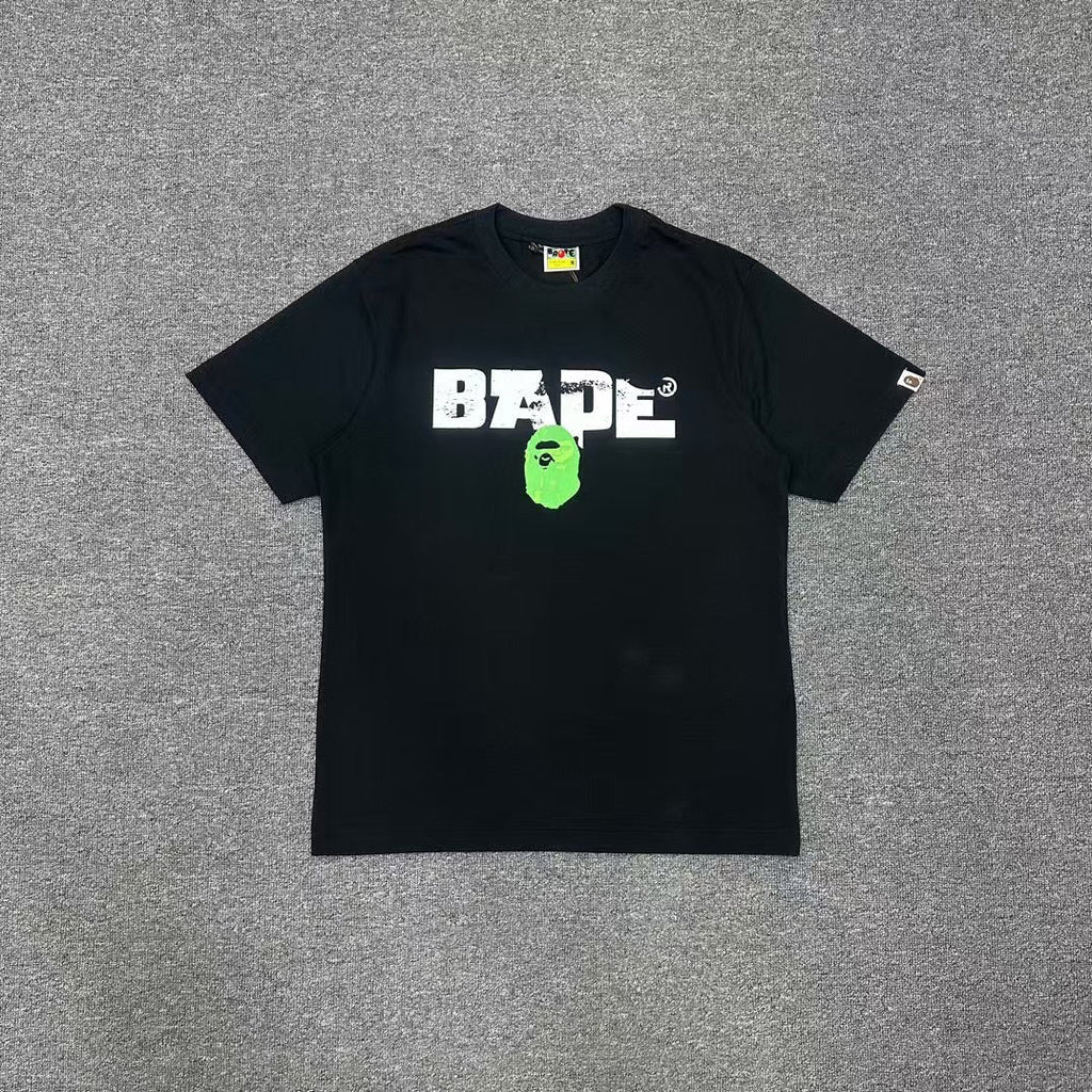 BAPE SS25 Ape Head Interlocking Distressed Block Logo & Neon Green Army Squad Back Print Oversized Heavyweight Unisex T-Shirt