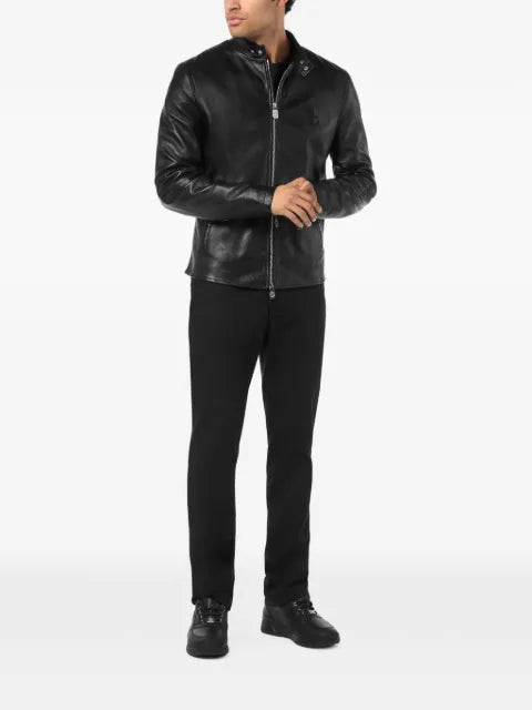 Billionaire embroidered zip-fastening leather jacket