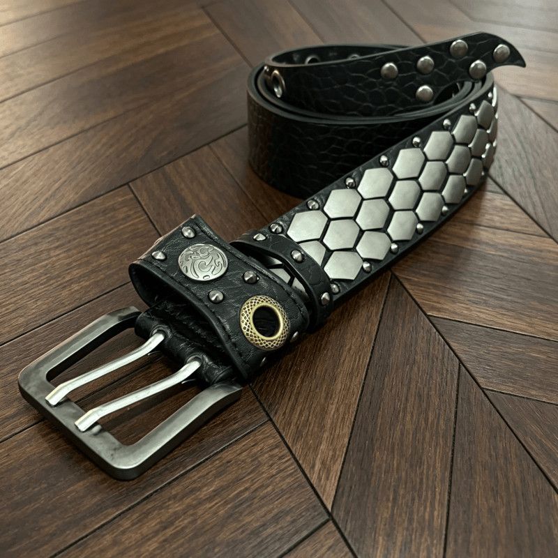 KMRii Honeycomb Studded Vintage Punk Leather Belt Unisex