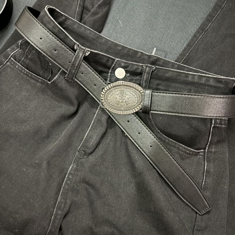 Wide Leather Belt Oval Dark Element Vintage Metal Buckle Waist Belt