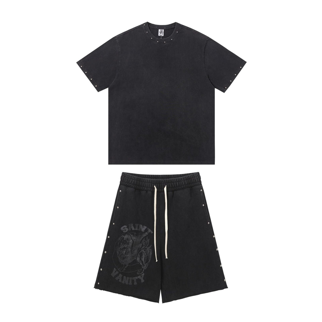 Saint Vanity Washed Rivet Oversized Tee & Shorts Set Streetwear