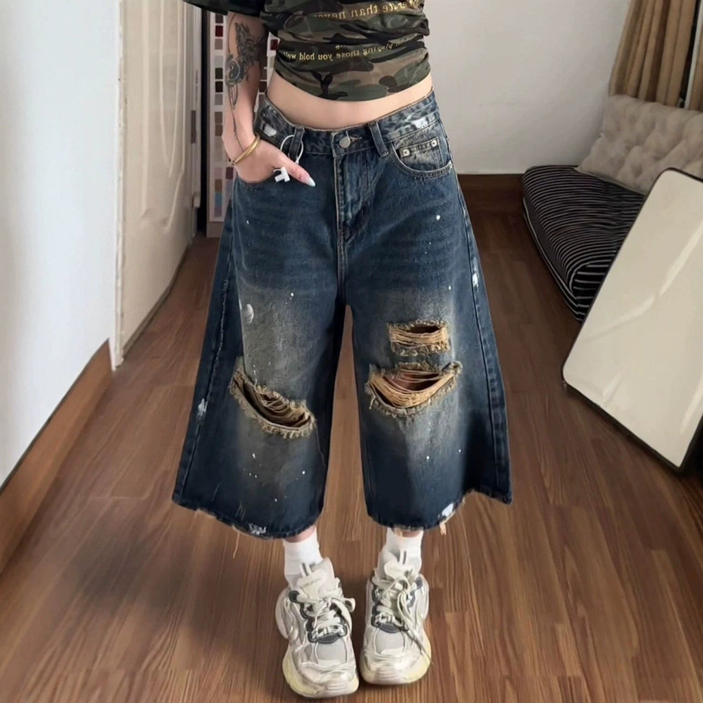 Vintage Distressed Washed Capri Denim Wide Leg Baggy Shorts