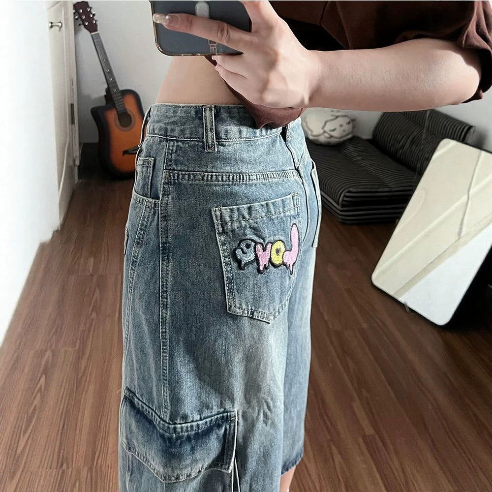 Kitty Patchwork Cargo Capri Denim Shorts Multi Pocket Baggy Wide Leg