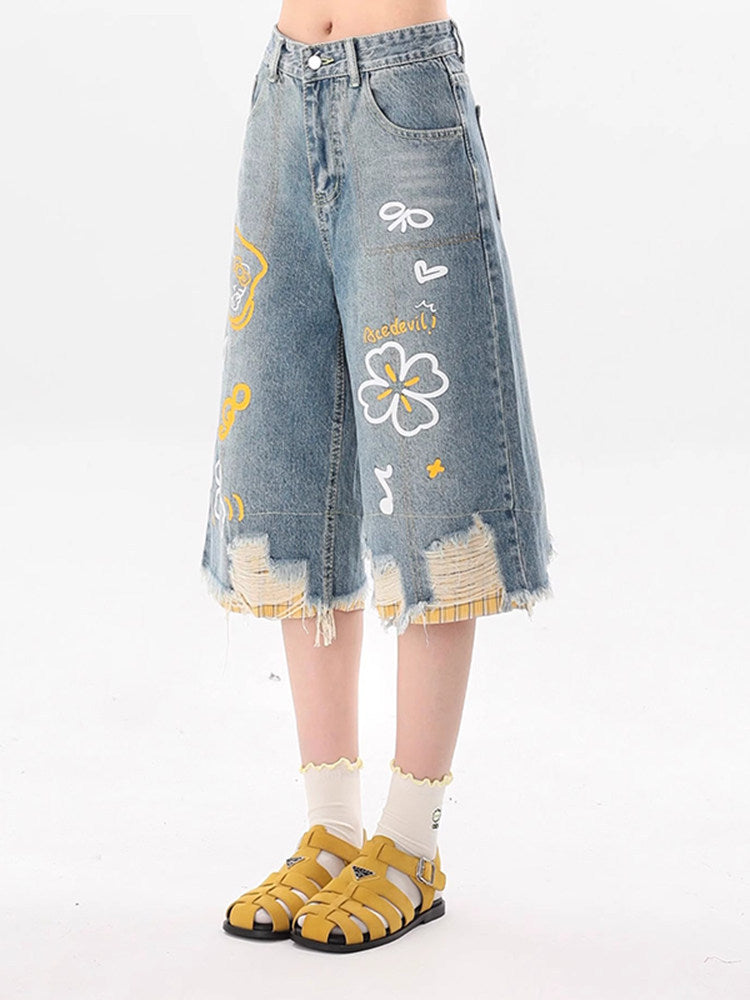 Cartoon Graffiti Distressed Capri Denim Frayed Plaid Wide Leg Shorts