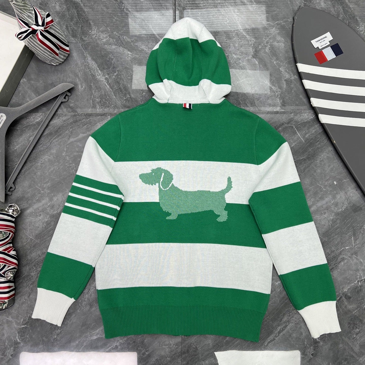 Thom Browne Style Striped Dog-Motif Zip-Up Knit Hoodie