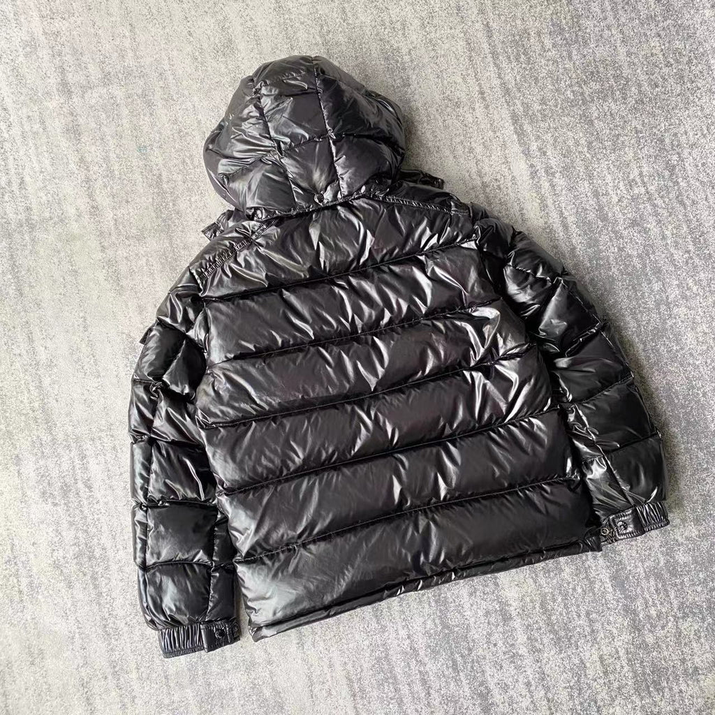 Moncler Black Glossy Hooded Puffer Jacket with Sleeve Pocket