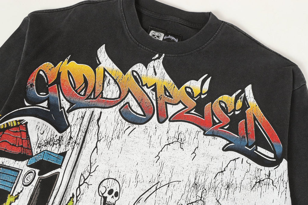 Godspeed Washed Black Skeleton Car Graphic Long-Sleeve T-Shirt