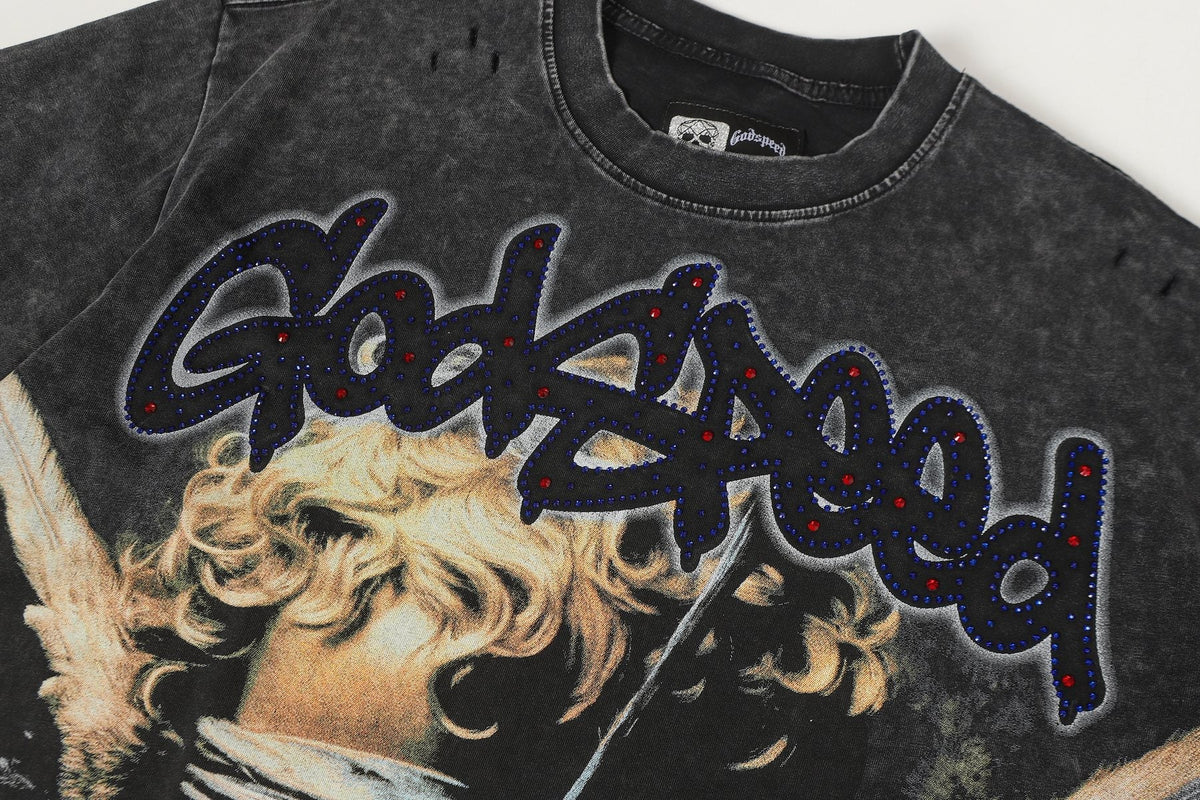 Godspeed Distressed Rhinestone Graphic T-Shirt