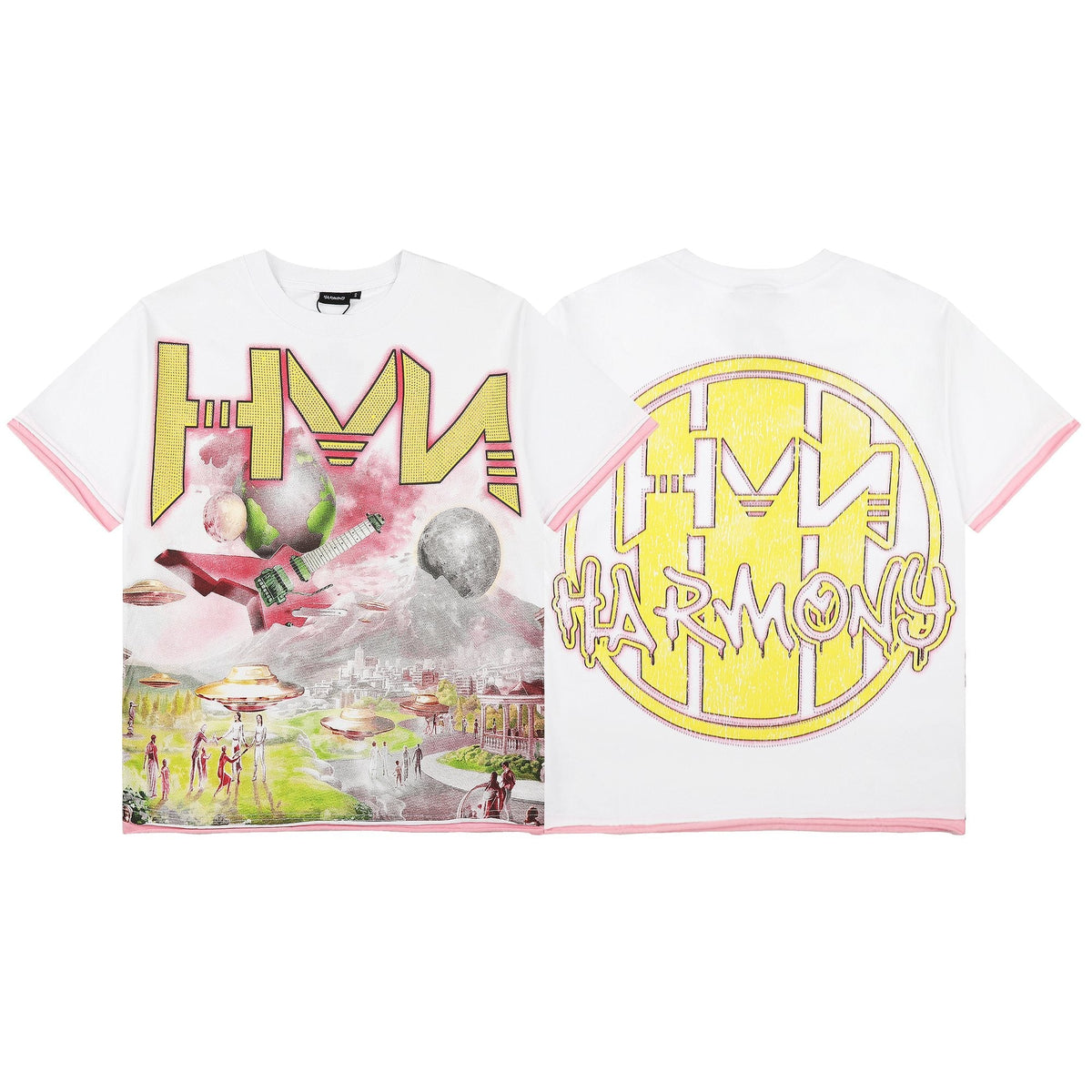 HARMONY Pink-Trim Distressed Graphic T-Shirt