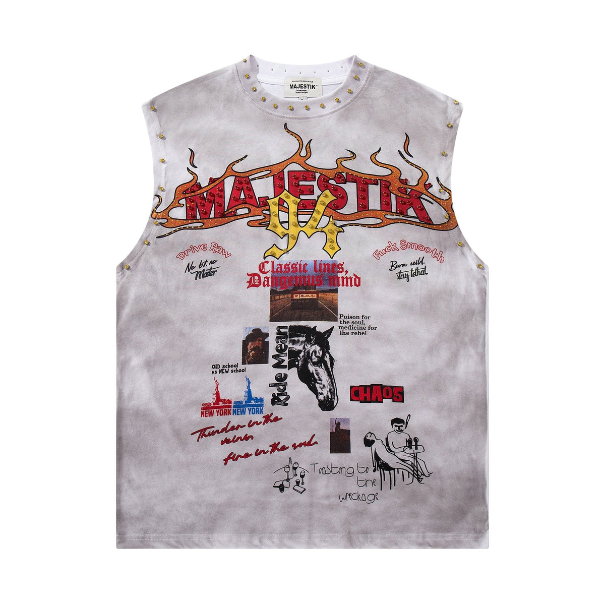 MAJESTIK Studded Washed Graphic Sleeveless T-Shirt