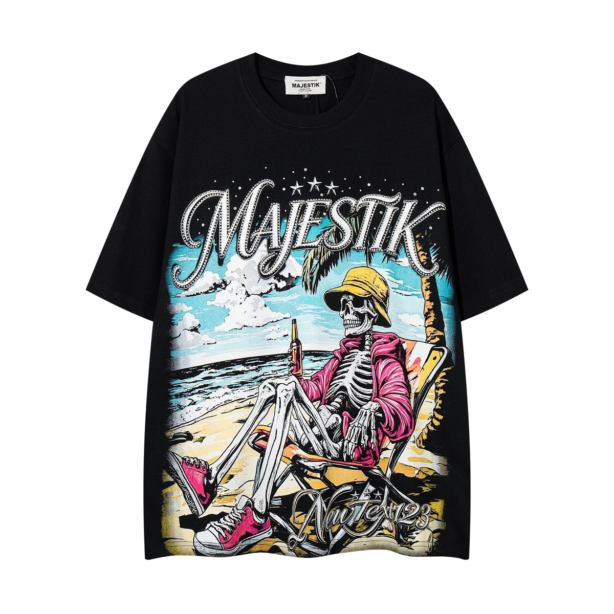 MAJESTIK Rhinestone Distressed Graphic T-Shirt