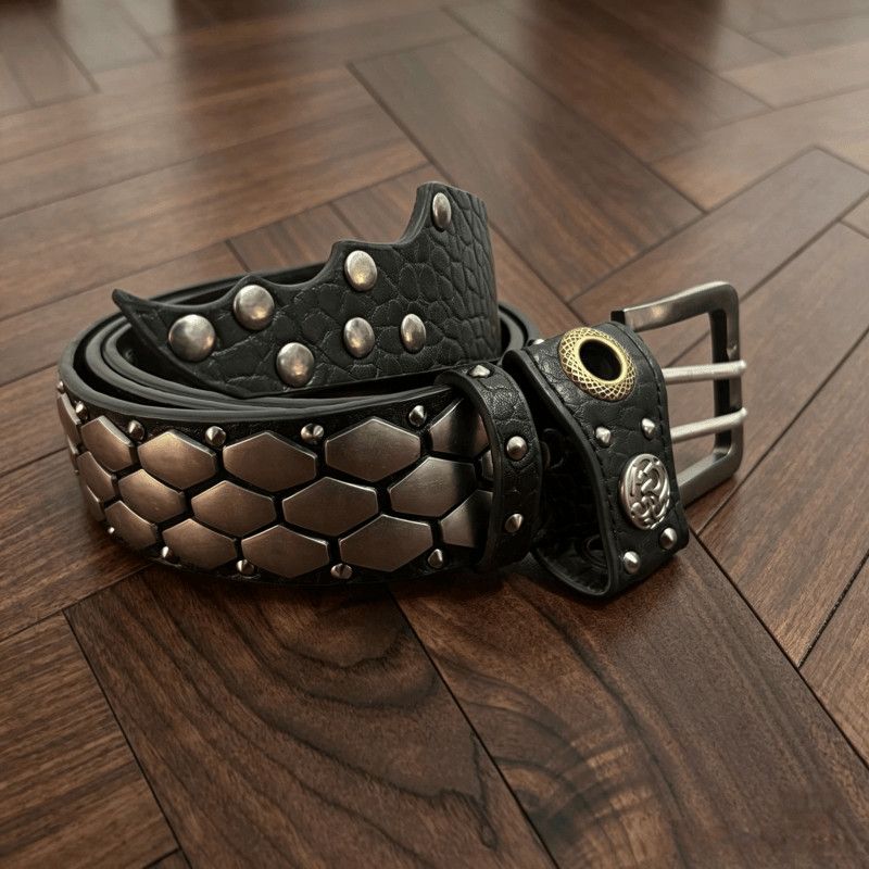 KMRii Honeycomb Studded Vintage Punk Leather Belt Unisex