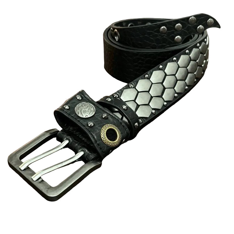KMRii Honeycomb Studded Vintage Punk Leather Belt Unisex