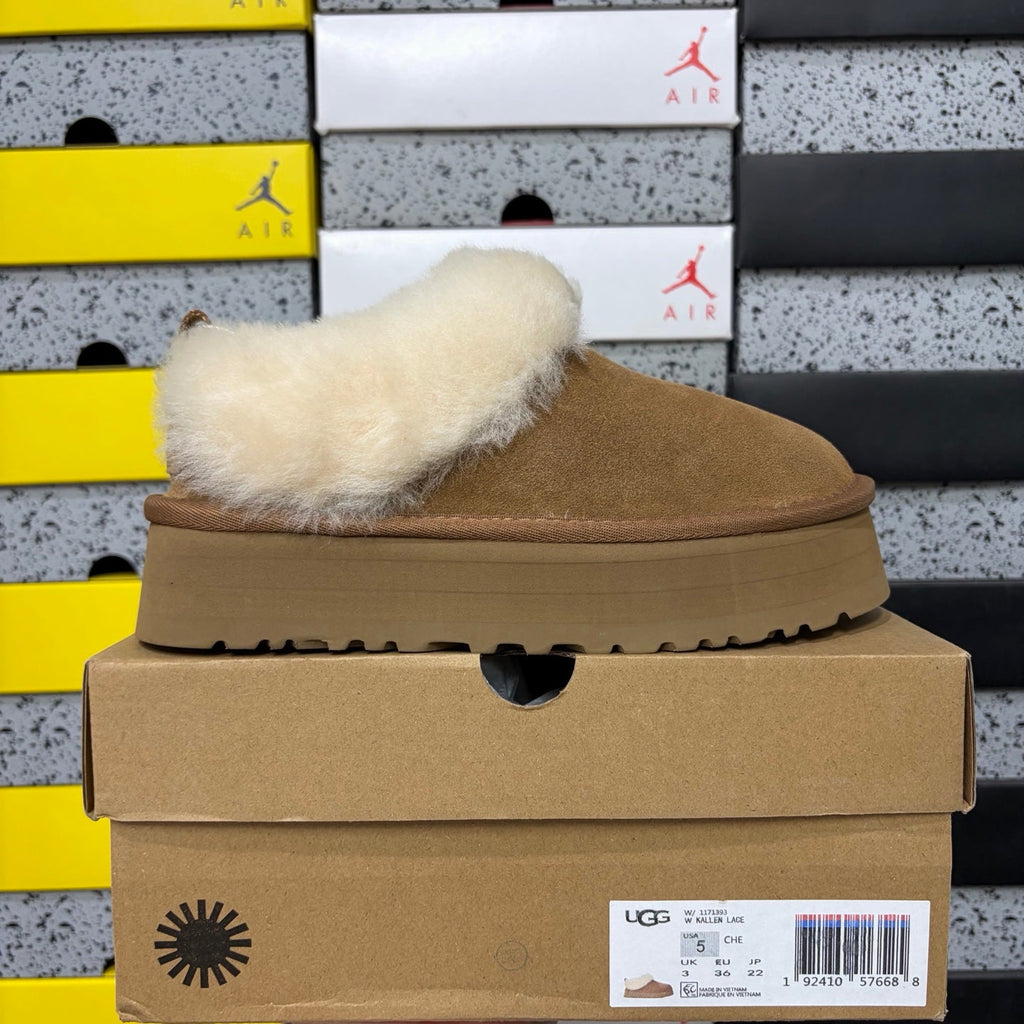 UGG Tazz Platform Slipper – Women’s Suede Clog with Shearling Cuff in Chestnut