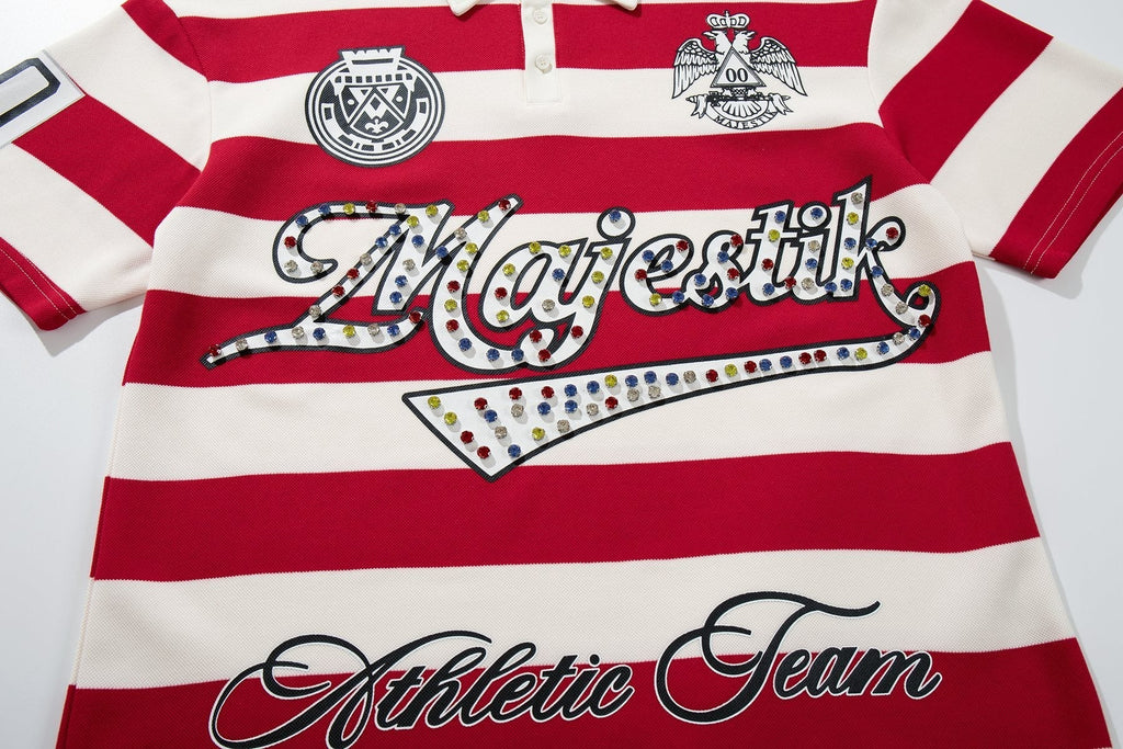 MAJESTIK Striped Crest Graphic Polo Shirt