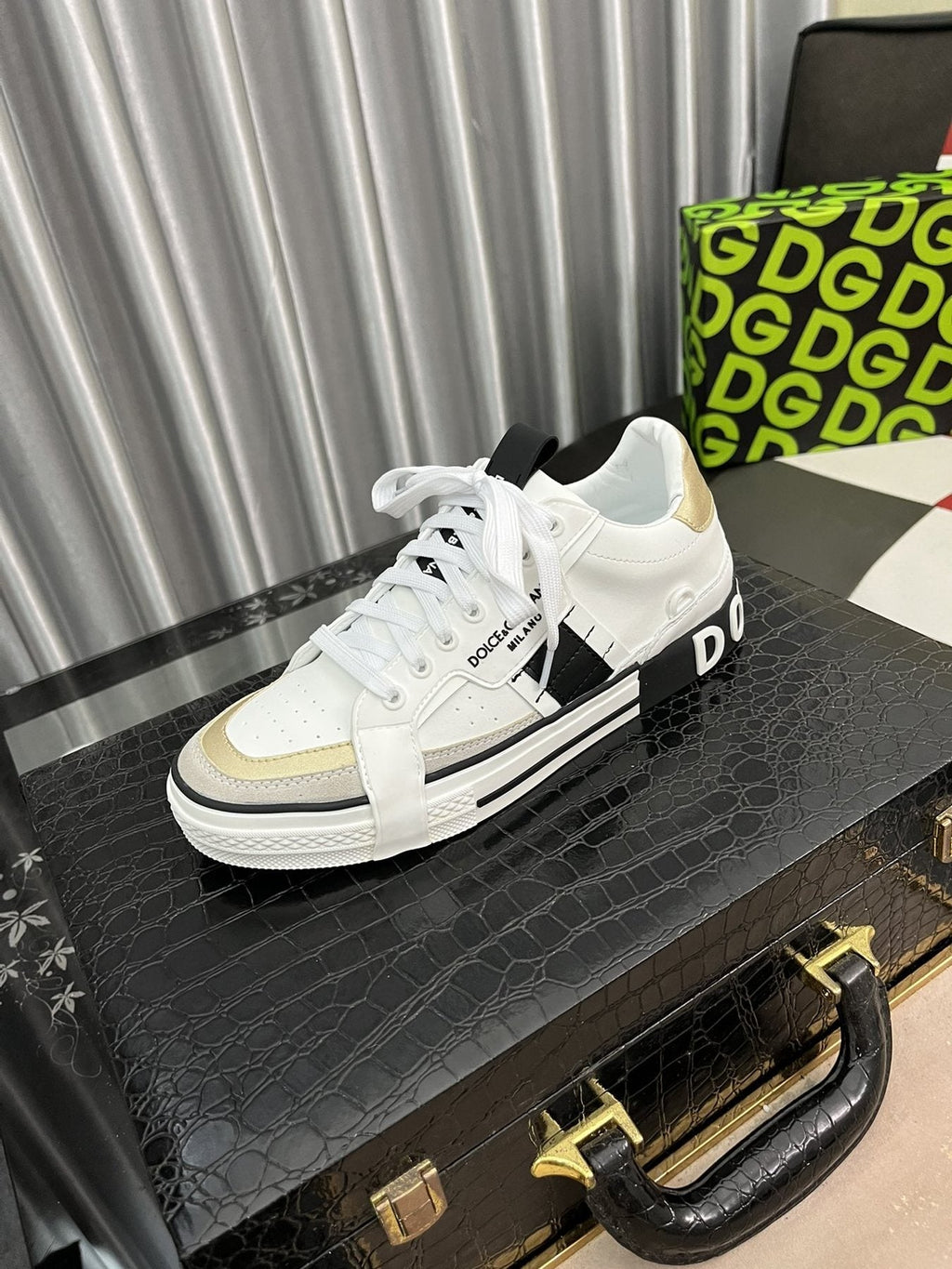 Dolce & Gabbana White, Cream & Black Lace-Up Sneakers