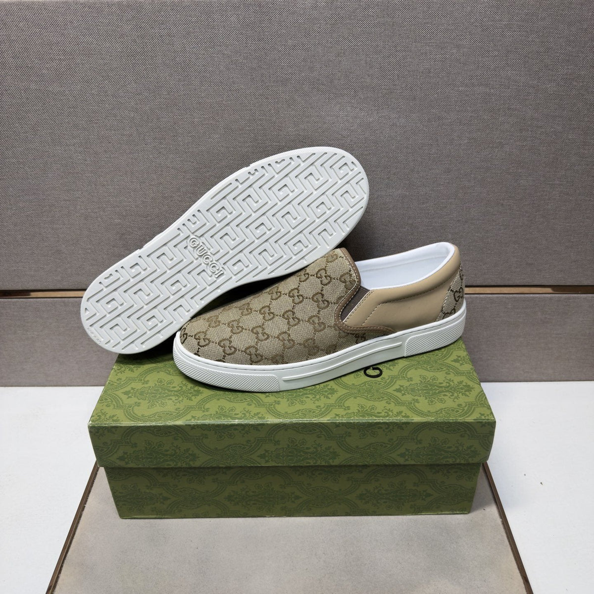 Gucci Men's Beige Patterned Slip-On Sneakers
