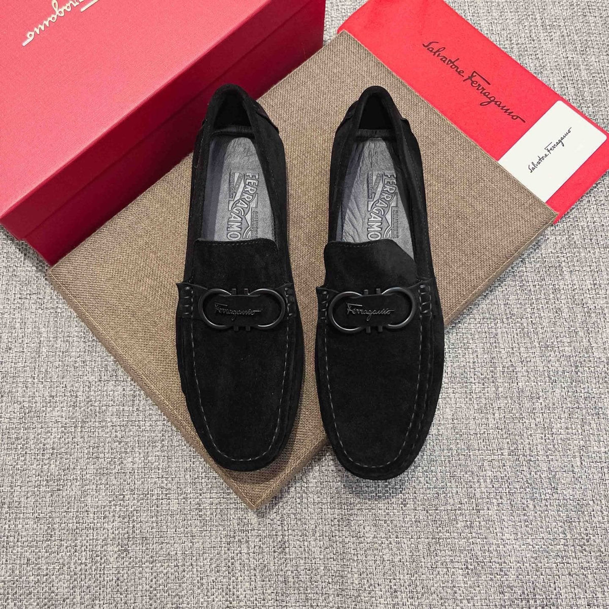Ferragamo Men's Black Buckle Loafers - Textured Rubber Outsole