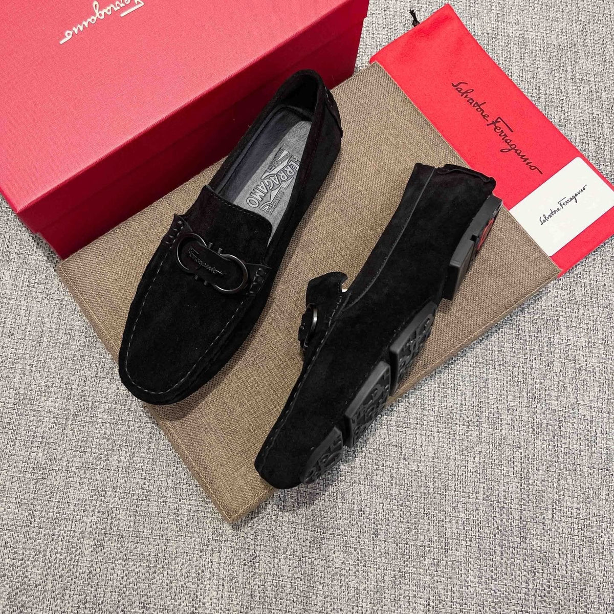 Ferragamo Men's Black Buckle Loafers - Textured Rubber Outsole