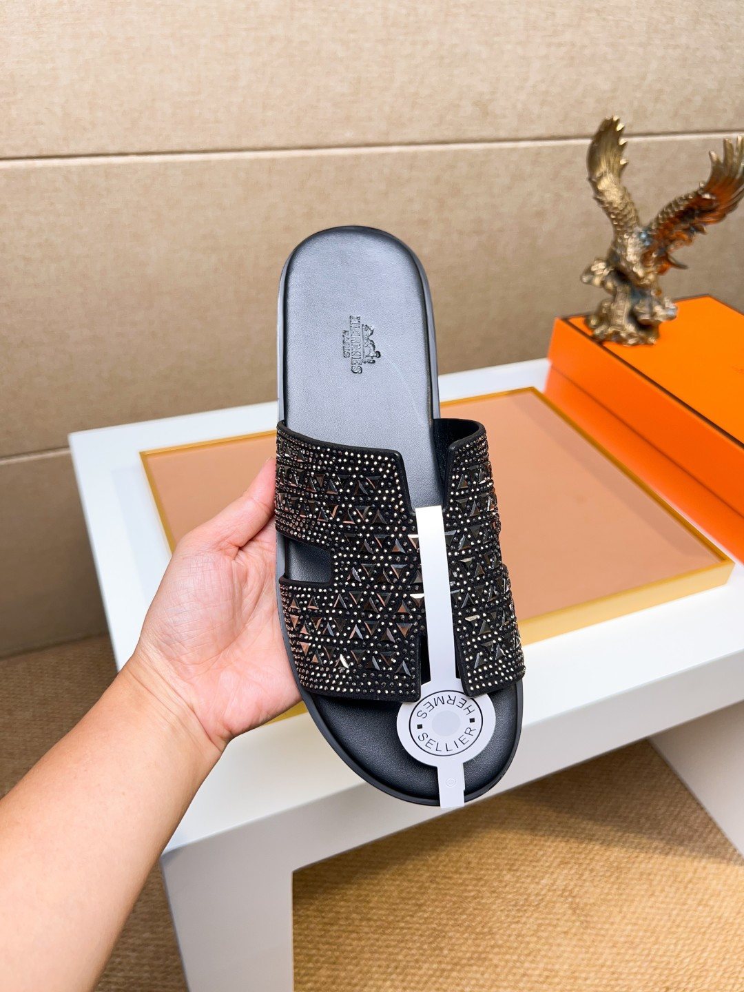Hermès Black Textured H Slide Sandals - Open-Toe Slide Design
