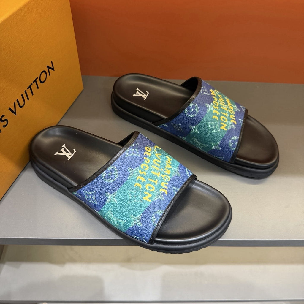 Louis Vuitton Blue & Green Printed Slide Sandals