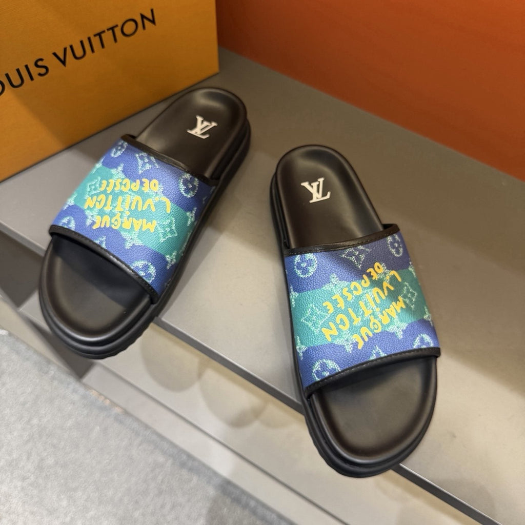 Louis Vuitton Blue & Green Printed Slide Sandals