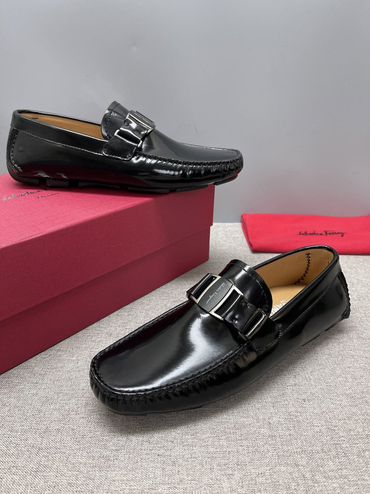 Ferragamo Men's Black Buckle Driving Loafers - Silver-Tone Hardware