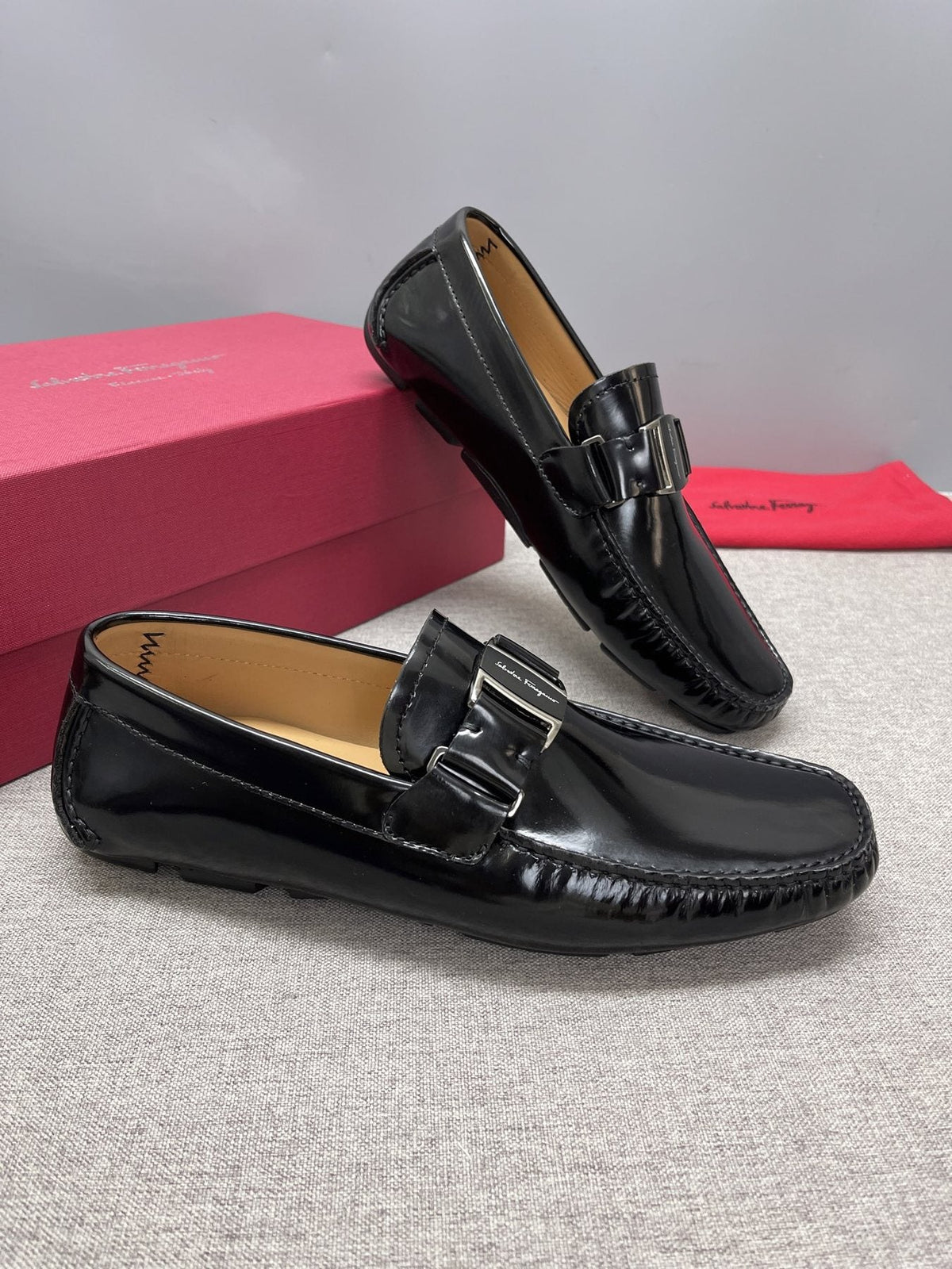 Ferragamo Men's Black Buckle Driving Loafers - Silver-Tone Hardware