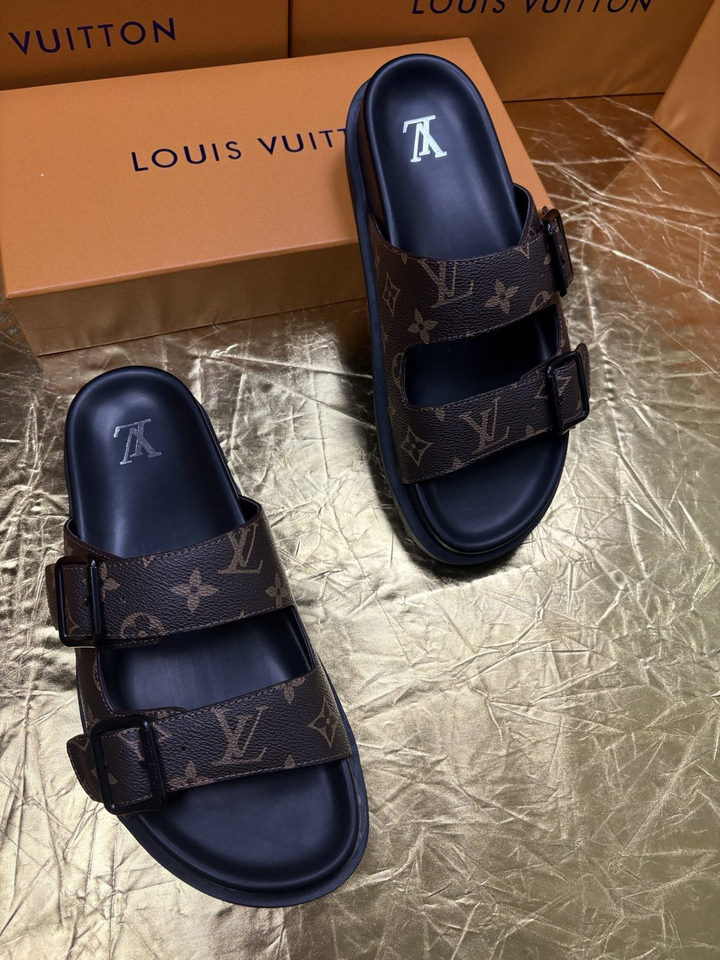 Louis Vuitton Monogram Double-Buckle Slide Sandals - Dark Brown and Black