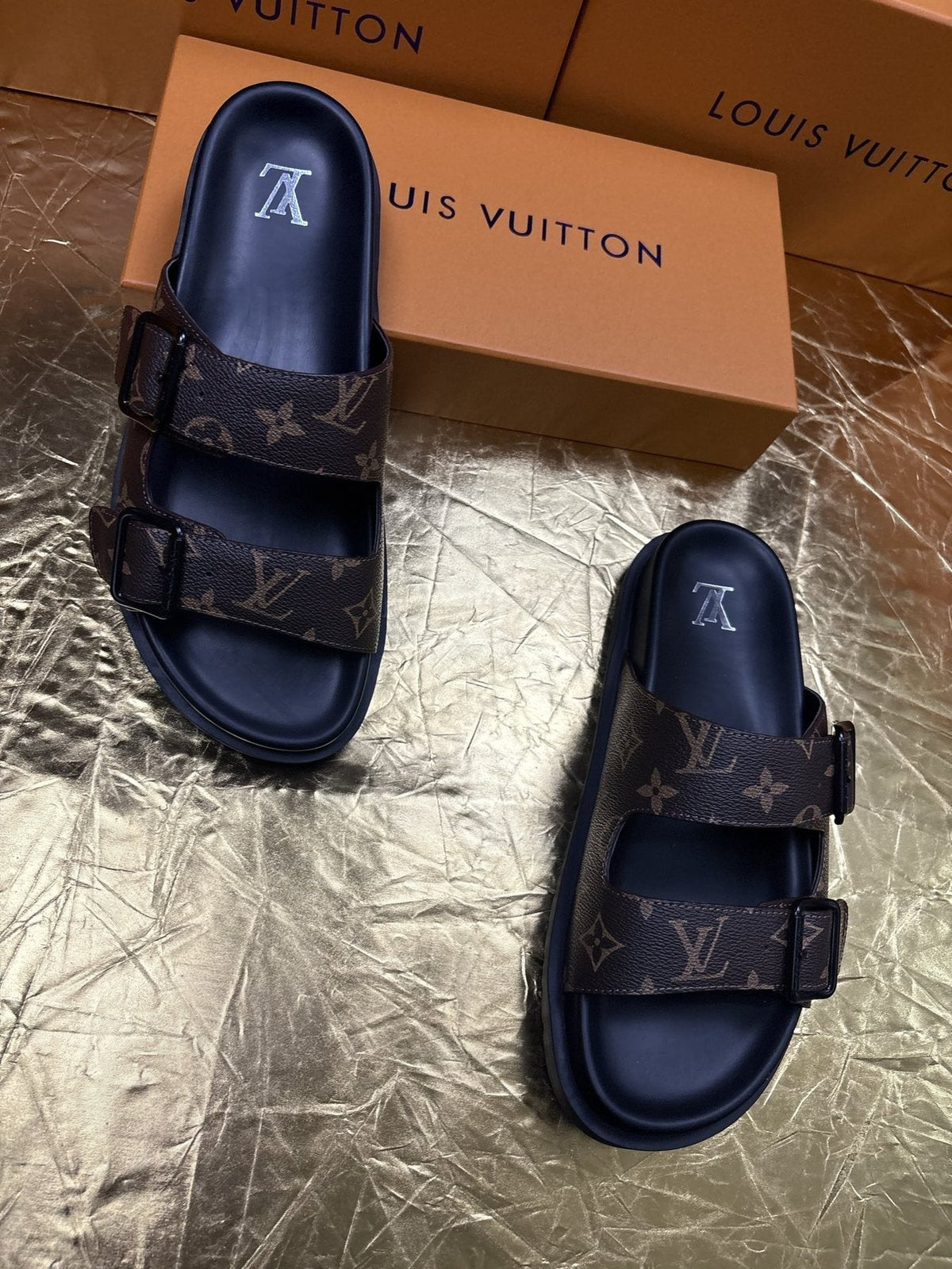 Louis Vuitton Monogram Double-Buckle Slide Sandals - Dark Brown and Black