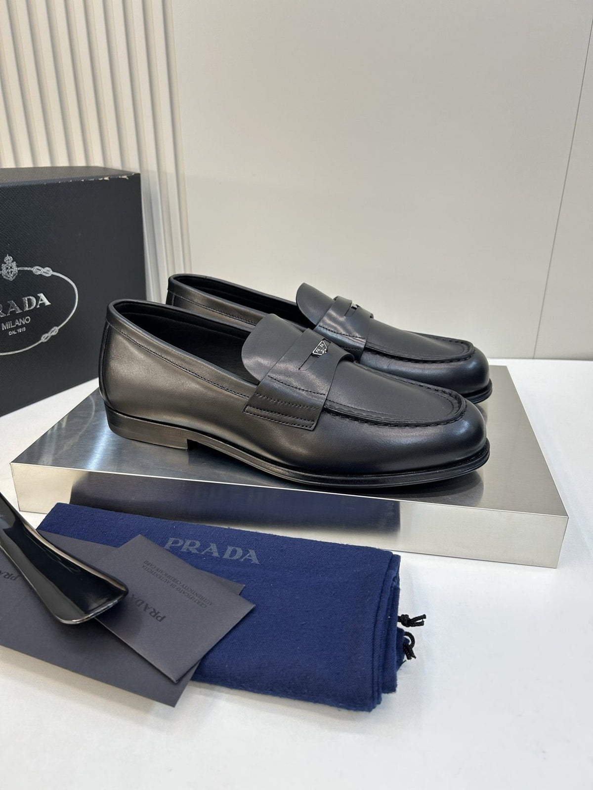 Prada Black Leather Penny Loafers