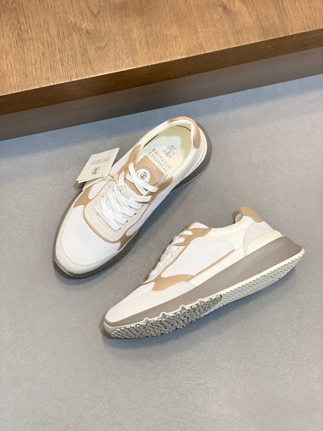 Brunello Cucinelli White and Beige Low-Top Sneakers