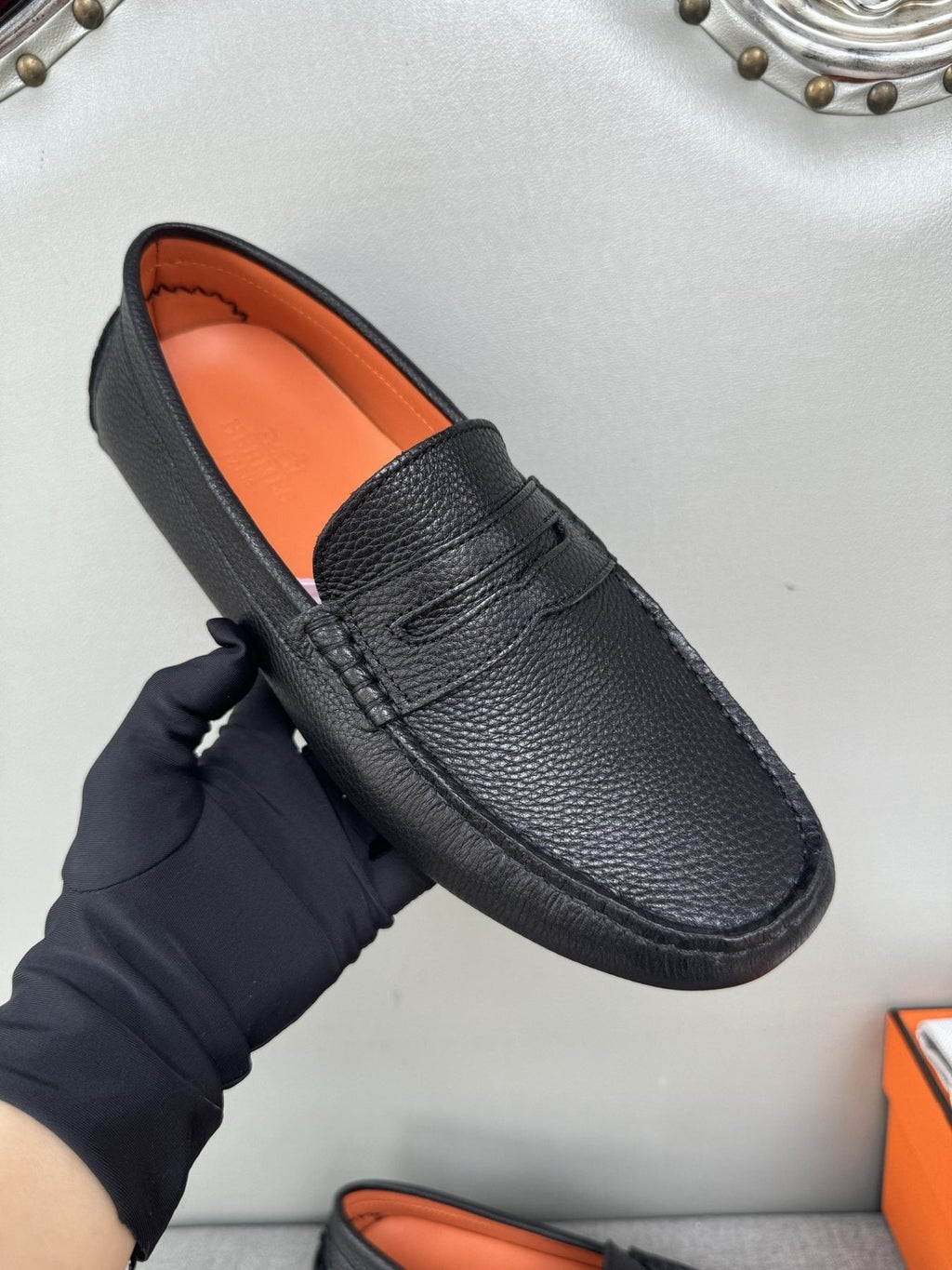 Hermès Men's Black Textured Penny Loafers