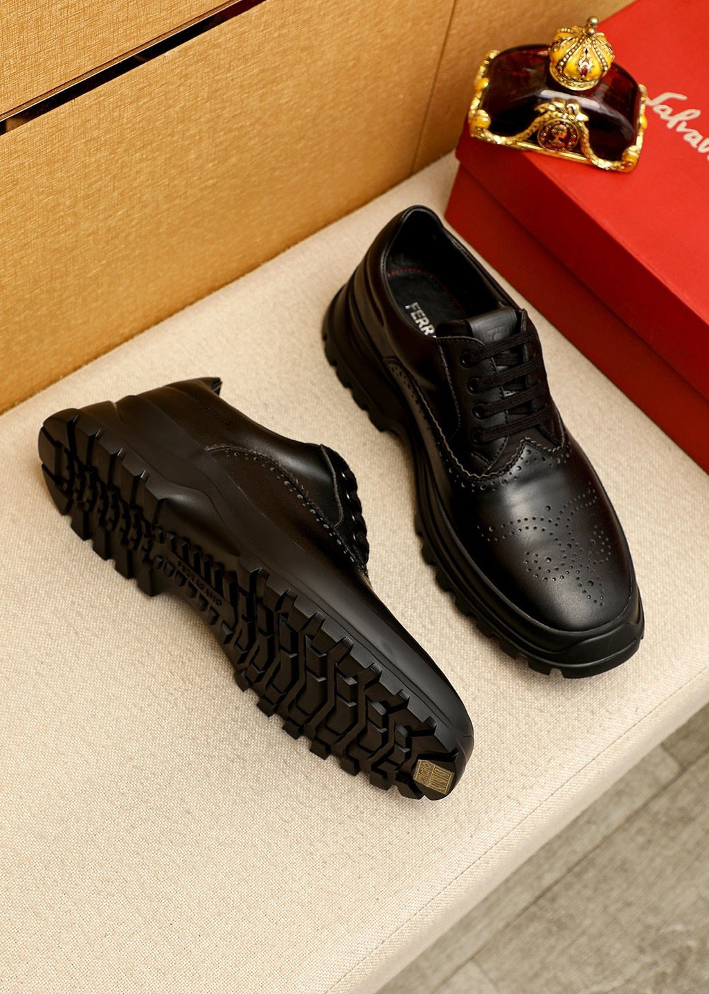 Ferragamo Black Perforated Lace-Up Shoes - Treaded Sole