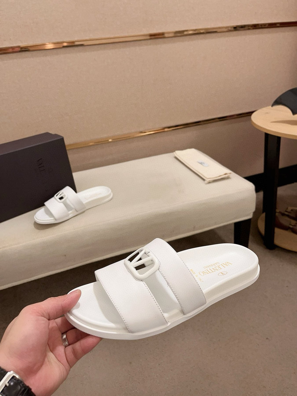 Valentino White V-Hardware Slide Sandals