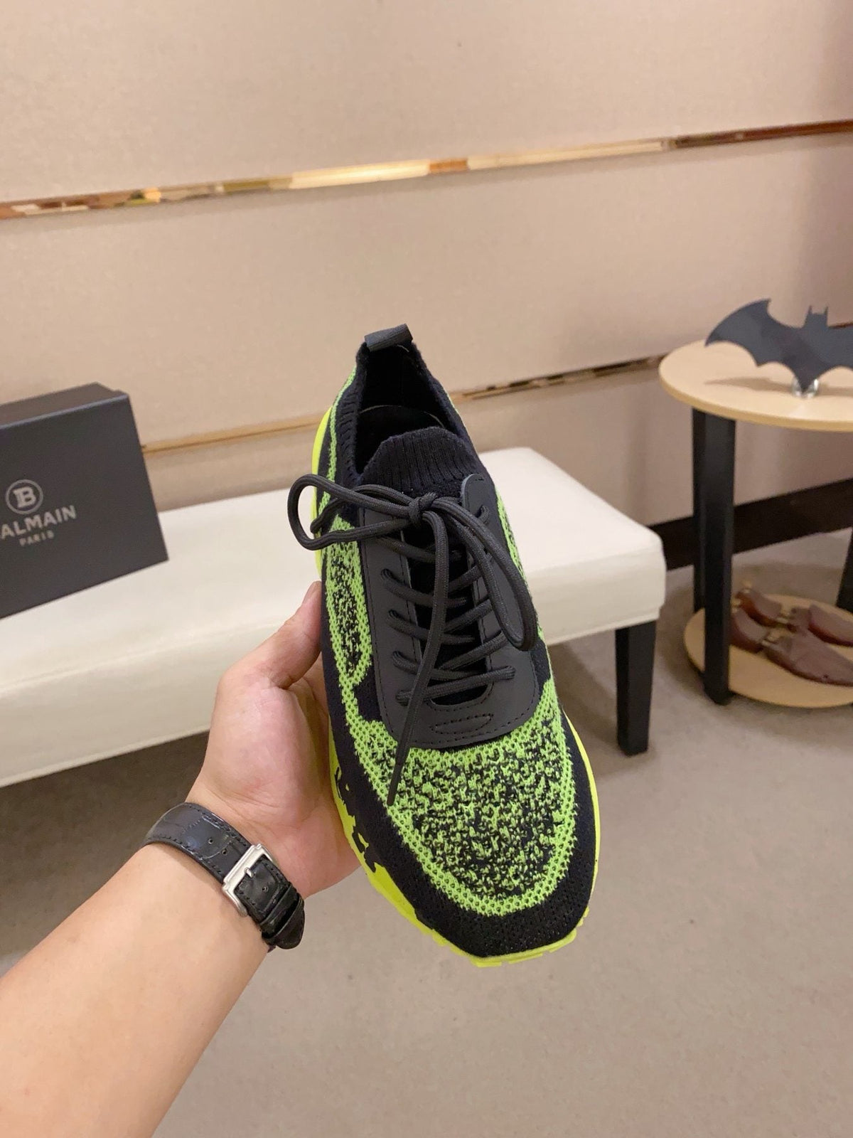 Balmain Neon Lime Knit Low-Top Sneakers - Black and Neon Lime Green