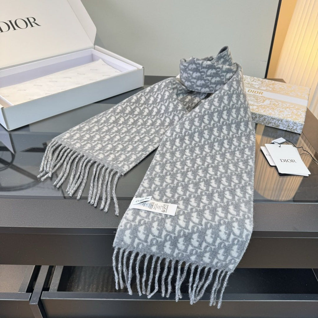 Dior Gray & Ivory Fringed Scarf