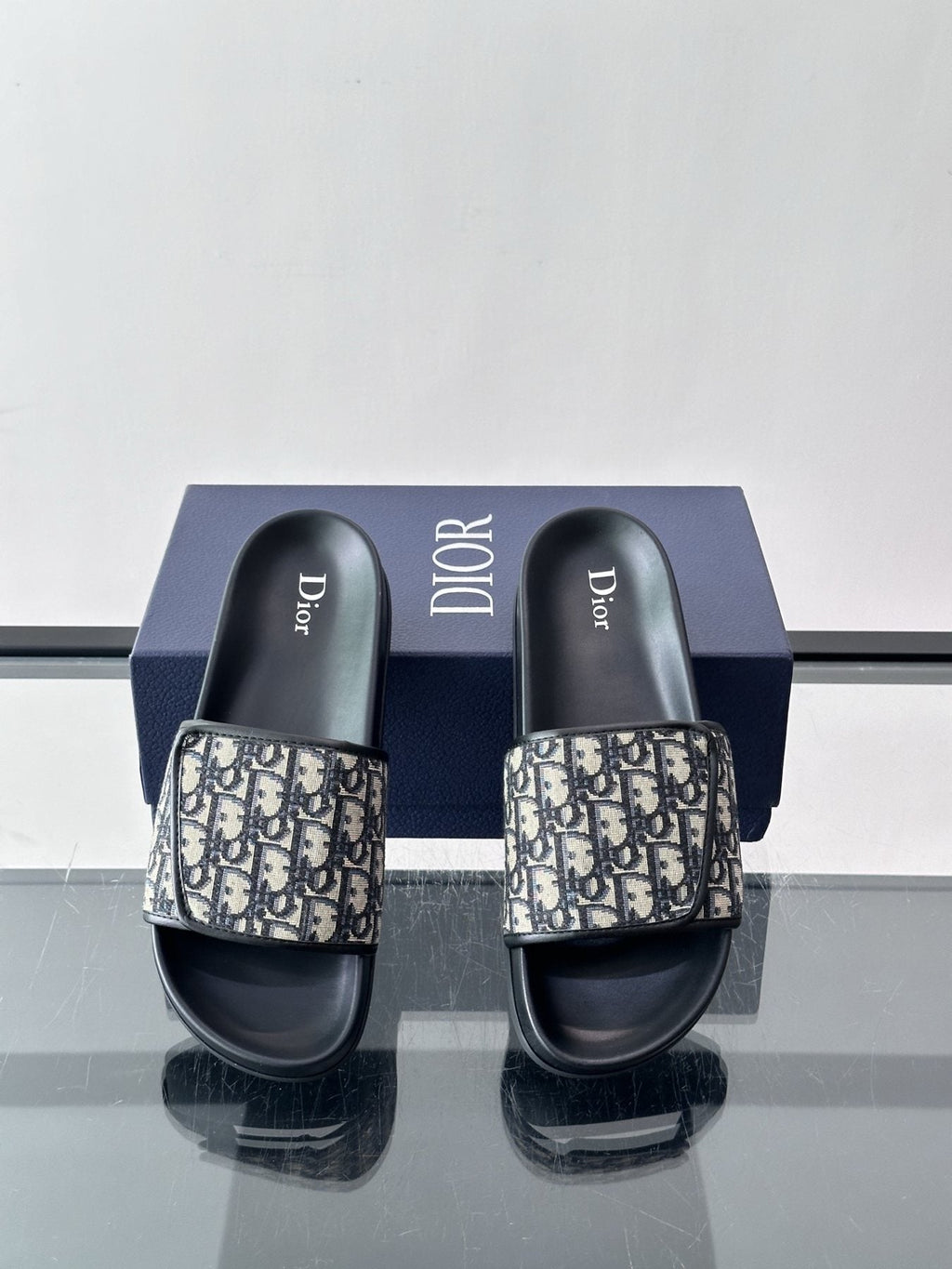 Dior Patterned Strap Slide Sandals - Black Sole