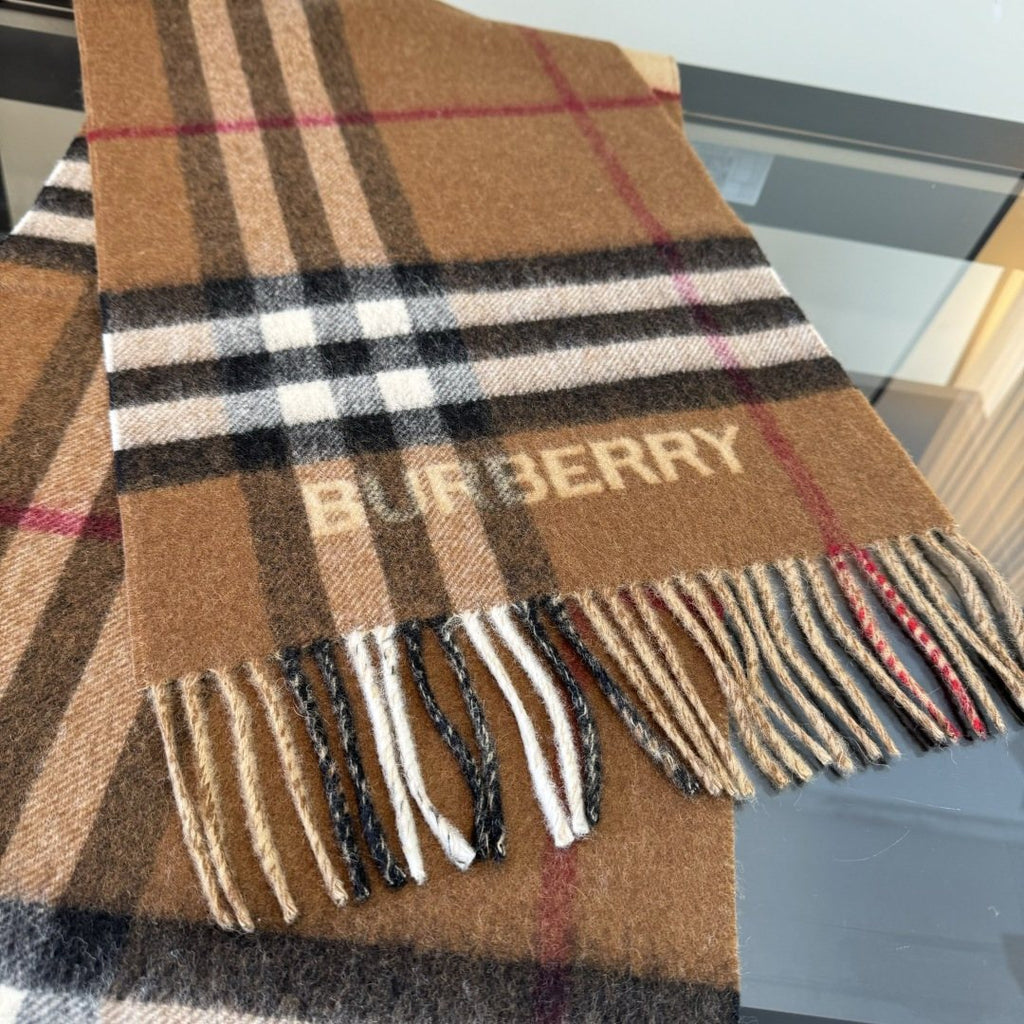 Burberry Tan Brown Plaid Fringe Scarf