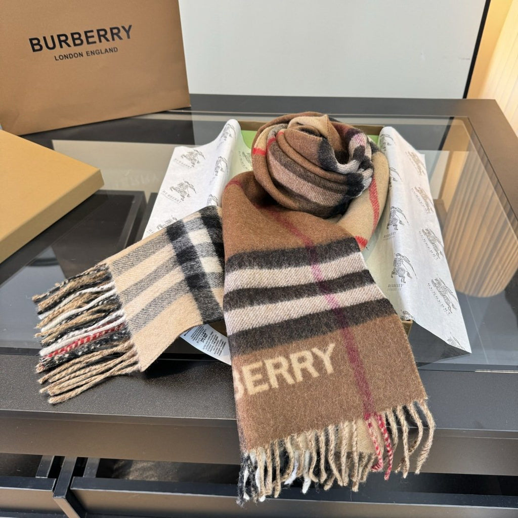Burberry Tan Brown Plaid Fringe Scarf