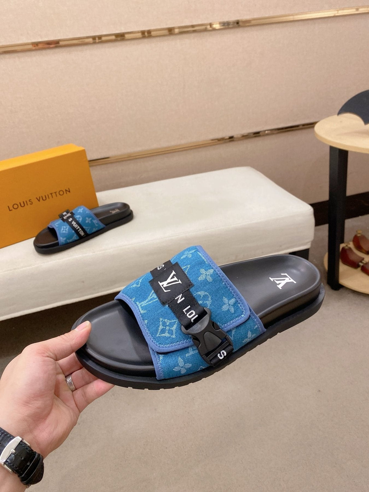 Louis Vuitton Men's Monogram Buckle Slide Sandals