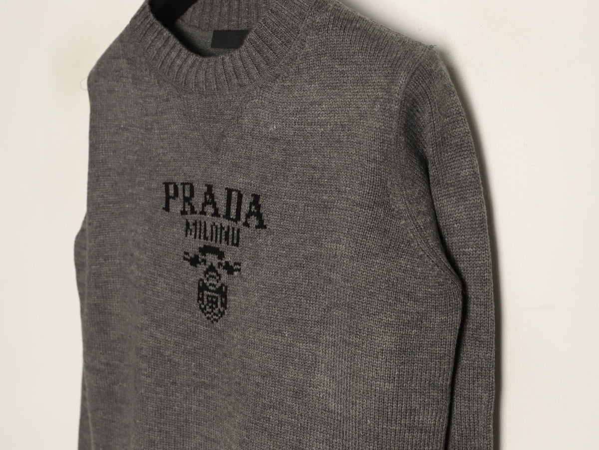 Prada Milano Logo Crewneck Knit Sweater - Gray