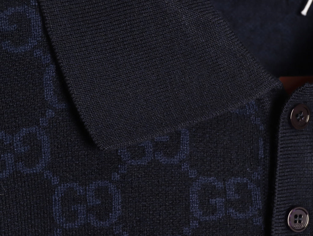Gucci Tonal Allover-Pattern Short-Sleeve Knit Polo Shirt - Navy