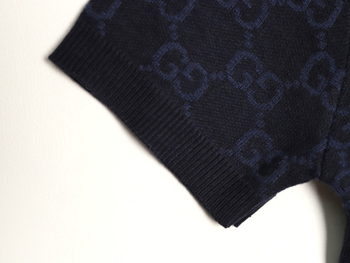 Gucci Tonal Allover-Pattern Short-Sleeve Knit Polo Shirt - Navy